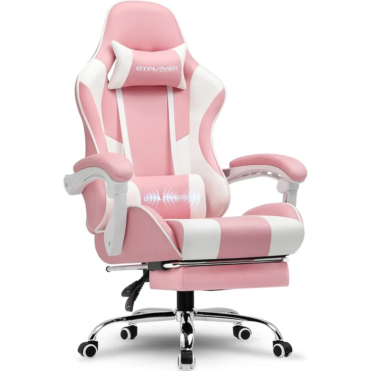 GTPLAYER Gaming Stuhl, Bürostuhl, Ergonomischer Pc Stuhl, Gaming Sessel mit Massagelendenwirbelstütze, Task Stühle mit Fußstütze und Kopfstütze, Rosa Kunstleder