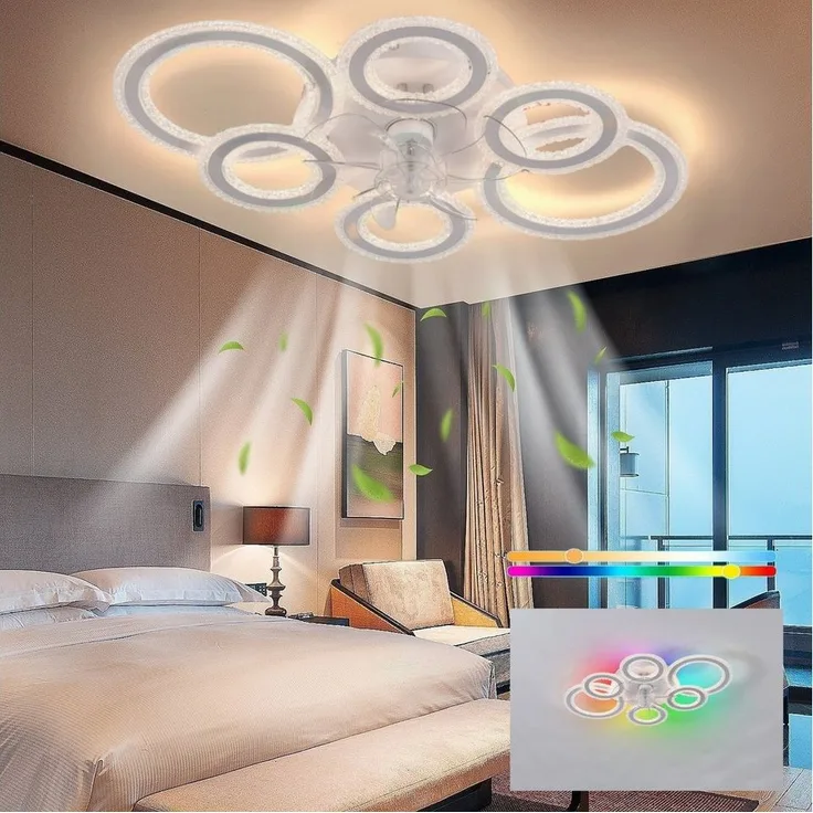 LETGOSPT Deckenleuchte 90W Leise Deckenventilator mit Beleuchtung, RGB dimmbar, 6-Gang, Timer, RGB-Hintergrundbeleuchtung, LED fest integriert, kaltweiß, neutralweiß, warmweiß, RGB, led Deckenleuchte Mit Ventilator Fernbedienung, 76×53 cm