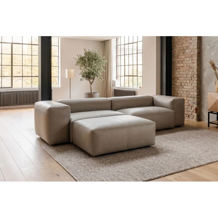 KAWOLA Sofa CELESTE 4-Sitzer mit Hocker Leder grau 72 x 114 x 302 cm
