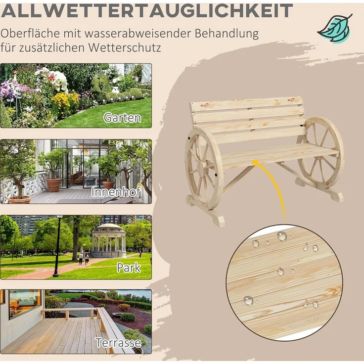 Outsunny Gartenbank 2-Sitzer Sitzbank Holzbank Wagenrad mit Armlehne Landhausstil Tannenholz Naturholz 105,5 x 56 x 79 cm – Bild 6