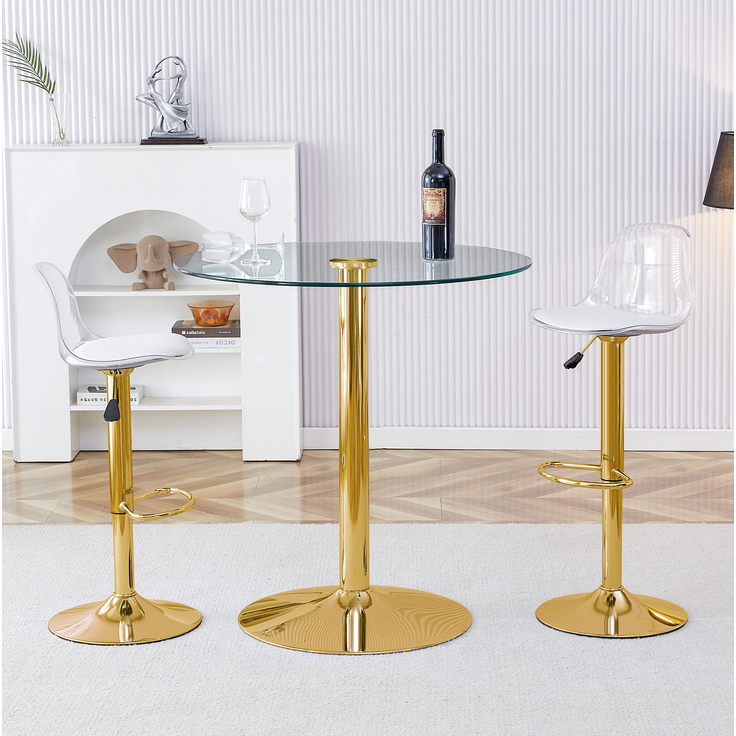 Bartisch-Set mit 2 Hockern, Glastisch Ø 89 cm, höhenverstellbare und drehbare Hocker – Bild 3
