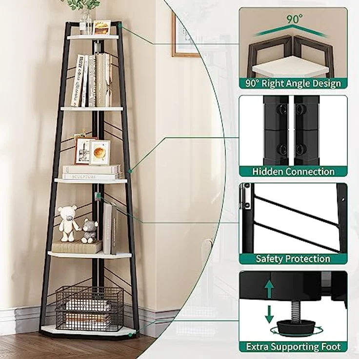 YITAHOME 5-Stöckiges Eck-Bücherregal - Industrielles Freistehendes Leiter-Bücherregal, Modernes Offenes Holzregal für Wohnzimmer, Diele, Home Office, Weiß – Bild 6