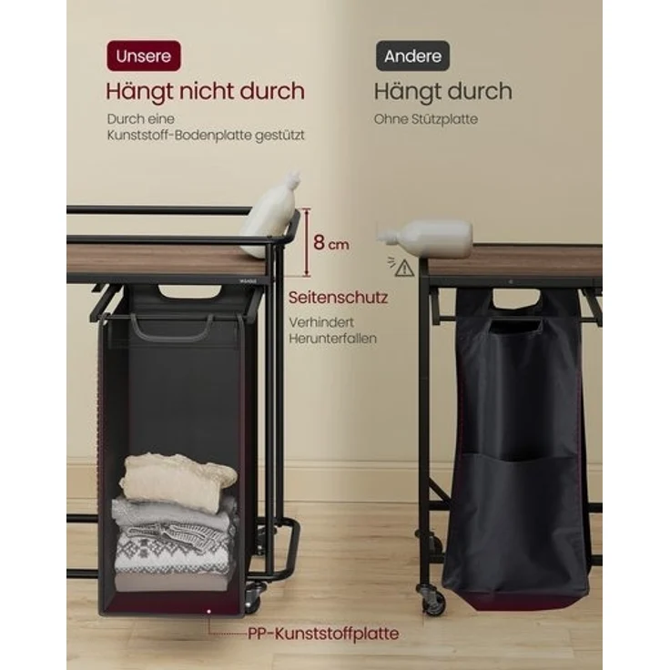VASAGLE Wäschekorb mit 3 Fächern, Wäschesortierer mit Rädern, 150 L Wäschewagen mit Ablage, schwarz-braun – Bild 4