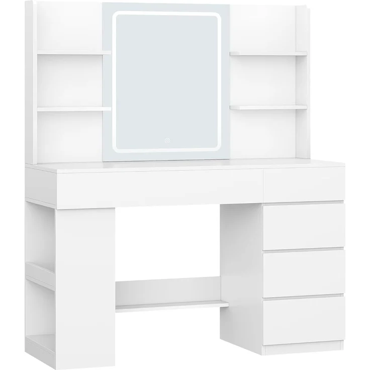 Hzuaneri Schminktisch mit HD-Spiegel und LED-Beleuchtung, 5 Schubladen, 6 Offenen Fächern, Seitlichen Ablagefächern, Modern, Weiß, 140,5 x 40 x 108 cm – Bild 2