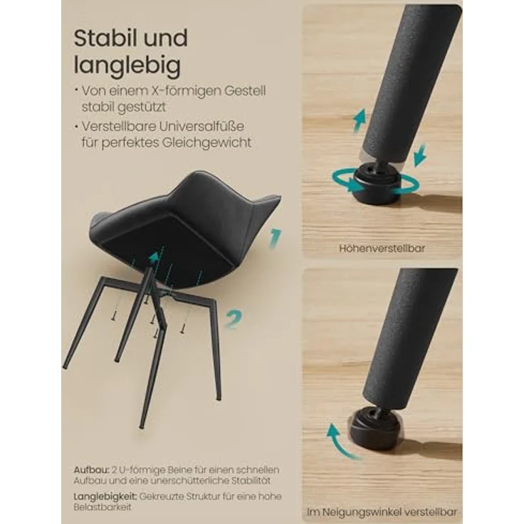 SONGMICS Esszimmerstuhl, 2er Set, Küchenstuhl, Sessel, Samt, Polsterstuhl mit Armlehnen, Loungesessel, bis 120 kg belastbar, Metallbeine, für Esszimmer, Küche, tintenschwarz LDC087B12 – Bild 9