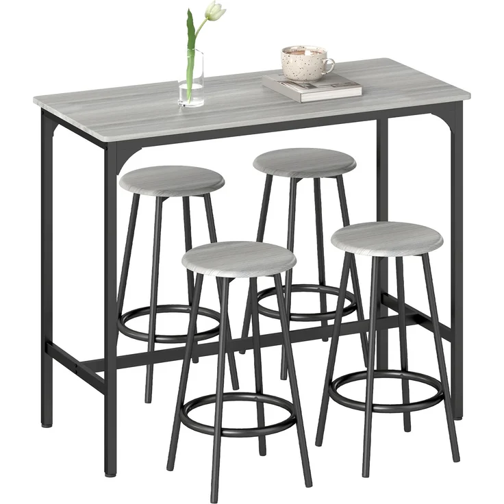 Stehtisch mit 4 Hockern, Fußstützen, schwarzes Metall und Holzoptik, für Küche und Esszimmer, Cecodadi – Bild 2
