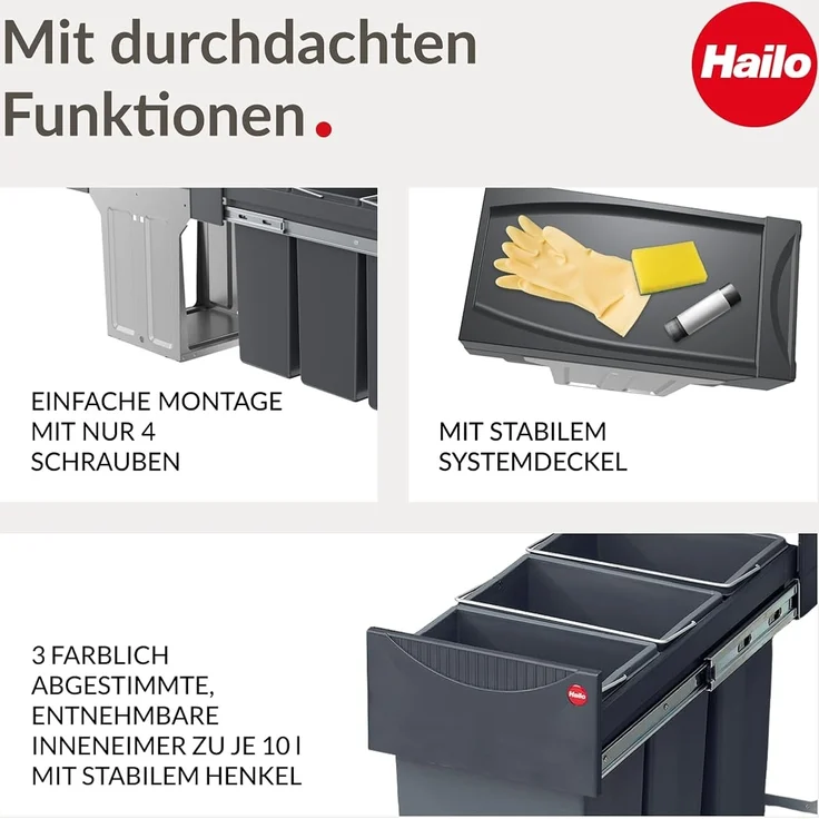 Hailo 'Swing Terzett' Einbaumülleimer für Schränke ab 300 mm Breite mit Drehtür, 30 (3x10) Liter, Graphit – Bild 3