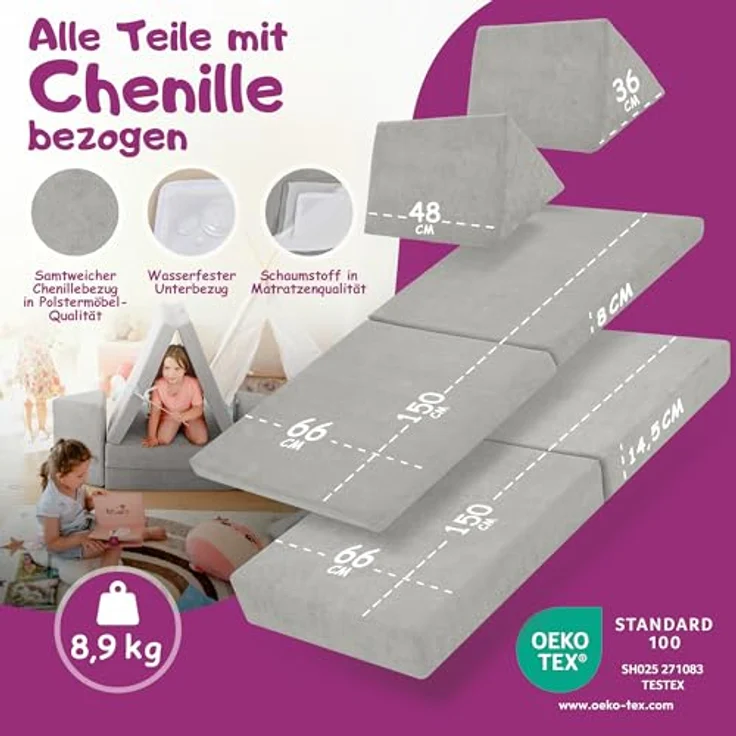 Linodino Kindersofa Spielsofa I aus Schaumstoff Bausteine I Spielcouch für Kinder, Wasserfeste Unterbezüge, Waschbare Chenille Bezüge 30° – Bild 6