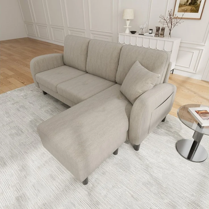 Merax Ecksofa L-förmiges Sofa mit Bettfunktion, Modulares Sofa aus Cordstoff, 1 Teile, 3-Sitzer Sofa mit Chaiselongue, Kissen & Kunststoffbeine, 166x118x77cm – Bild 2
