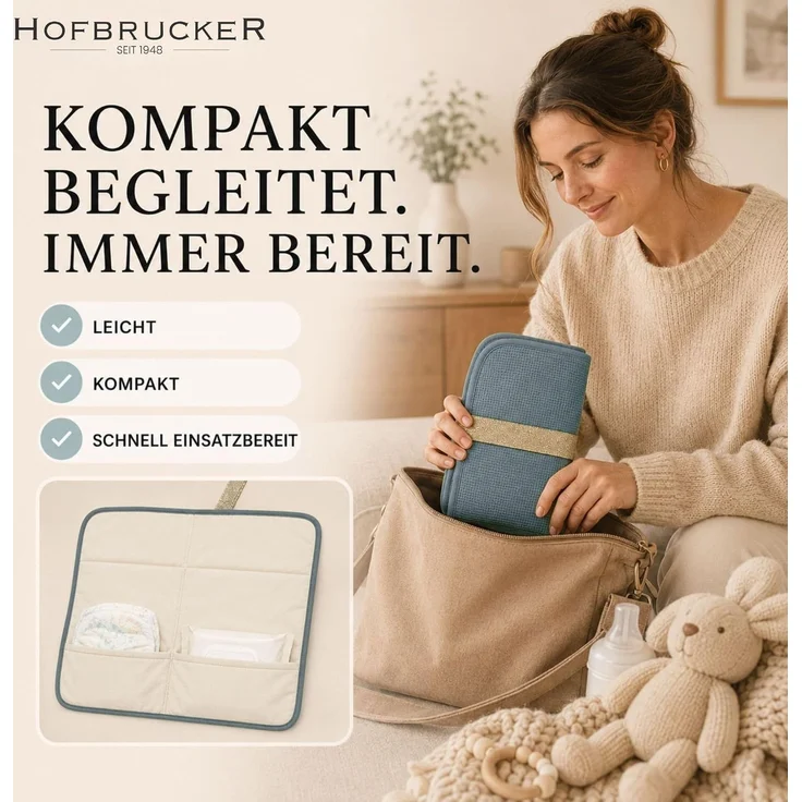 Hofbrucker® Windeltasche mit Wickelunterlage für unterwegs, faltbare Wickelclutch mit Organizer für Windeln & Feuchttücher, Abwischbar, Must Have für die Baby Erstausstattung (taubenblau) – Bild 2