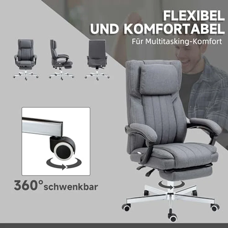 Vinsetto Bürostuhl mit Massagefunktion, Höhenverstellbar, Leinenoptik mit ausziehbarer Fußstütze und hoher Rückenlehne – Bild 8