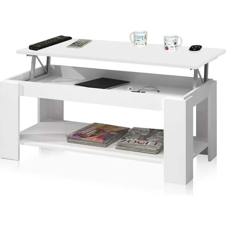 Habitdesign Couchtisch mit Zeitschriftenständer, Hubtisch, Esszimmermöbeltisch, Artik White Finish, Maße: 102 cm (Länge) x 43/54 cm (Höhe) x 50 cm (Tiefe)
