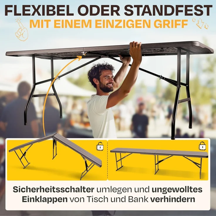 Ondis24 Biertischgarnitur Lisa Campingtisch 2X Bierbank 1x Biertisch Sitzbank klappbar Bierzeltgarnitur 3tlg. einfach transportabel (Braun, XL) – Bild 4