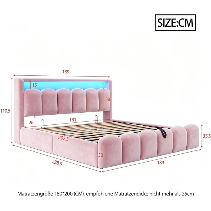 Polsterbett 180×200 cm mit hydraulischem Bettkasten, LED & USB/Typ-C, Rosa, ohne Matratze – Bild 5