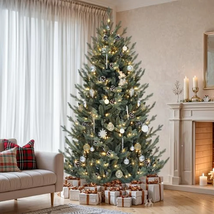YITAHOME 180cm Weihnachtsbaum mit Fernbedienung, Vordekorierter Künstlicher Weihnachtsbaum mit Scharniertechnologie, 1176 Gemischte PE/PVC-Spitzen, 35 Tannenzapfen, 300 Lichter & 11 Lichtmodi – Bild 2