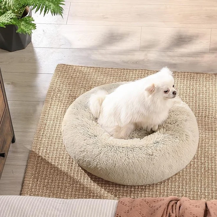 Feandrea Hundebett flauschig, Katzenbett, Donut Kissen, waschbar, Polsterung in der Mitte herausnehmbar, langer Plüsch, 50 cm Durchmesser, Ombré-Khaki – Bild 3