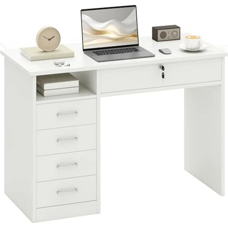 HOMCOM Computertisch Schreibtisch mit 5 Schubladen und Regal Bürotisch mit Schloss großer Arbeitsfläche Weiß 110 x 50 x 76 cm