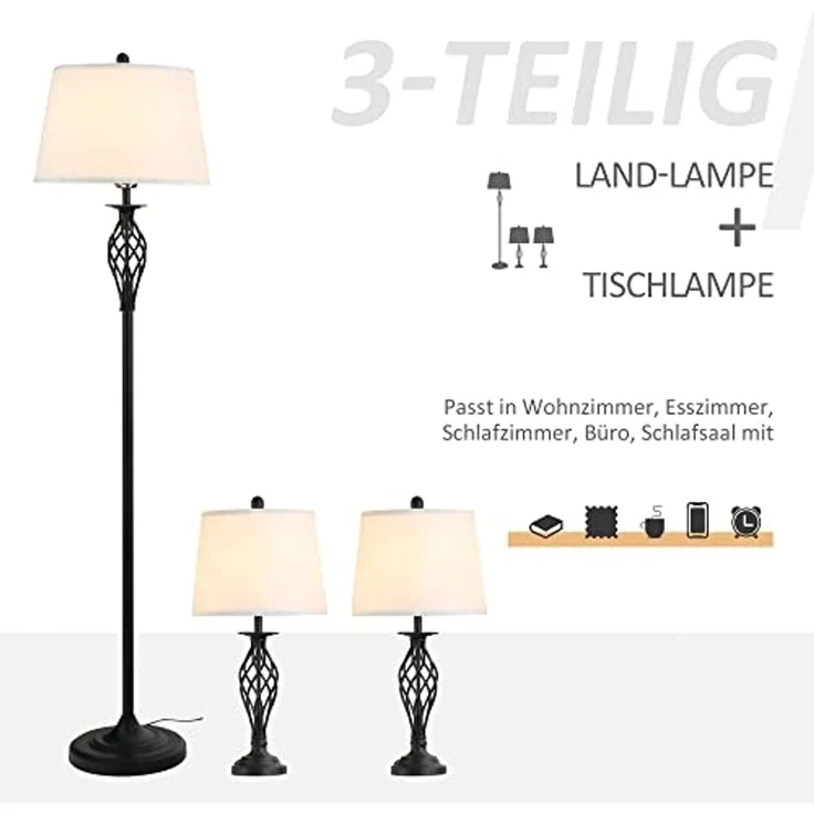 HOMCOM Stehlampe 3er-Lampenset 2 Tischlampe + 1 Stehlampe, Metall, PS, Polyester, Baumwolle, Vintage, Schwarz+Weiß – Bild 3
