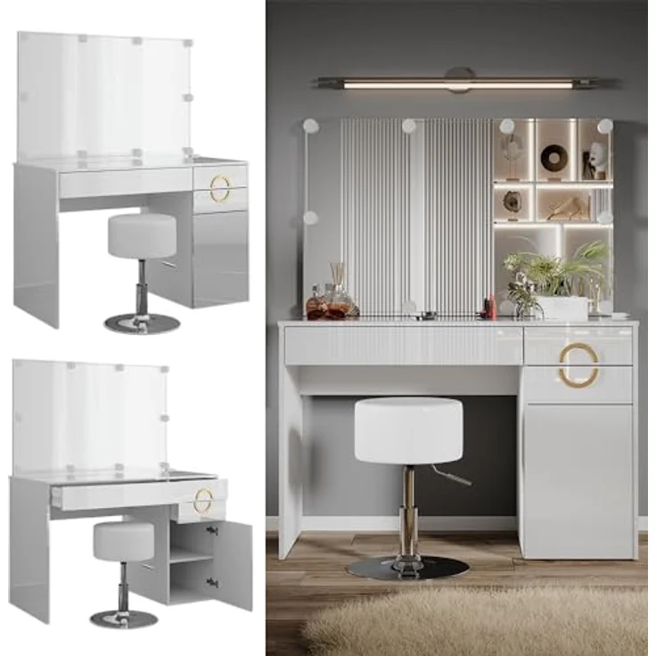 Vicco Schminktisch Adela, Weiß Hochglanz, mit Spiegel, LED-Lichterkette, 3 Fächern und 2 Schubladen, 115x76.4x55 cm – Bild 2