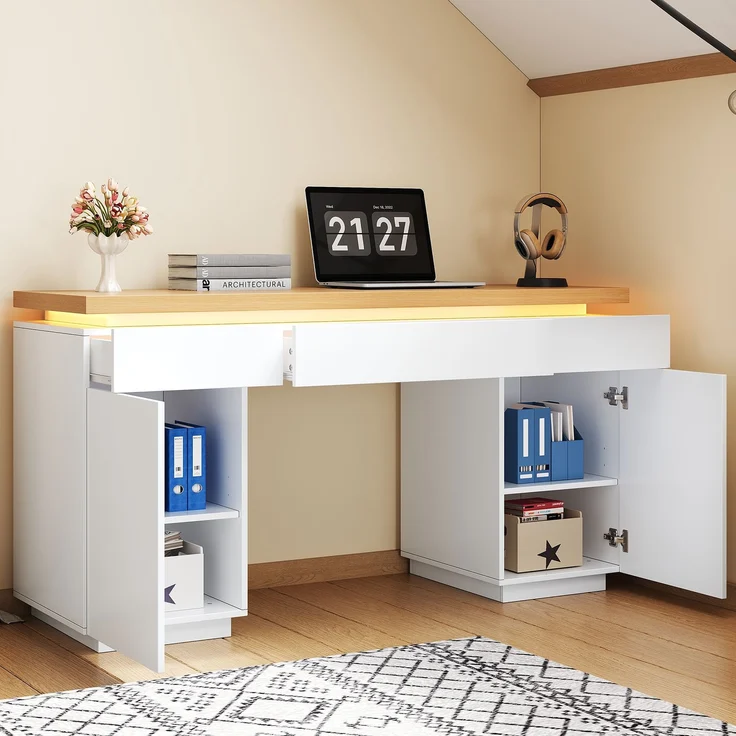 ZUBALIYA 140×50cm großer Schreibtisch,verlängerte und verdickte Tischplatte mit LED-Beleuchtung, ausgestattet mit 3 Schubladen,2 Türen und verstellbaren Einlegeböden,großer Stauraum, Schreibtisch, Schminktisch – Bild 1