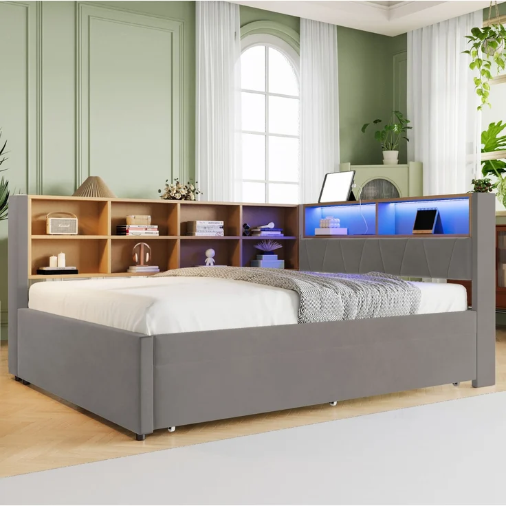 CHICFURN Bett aus Flanell Dunkelgrau 140x200 cm mit Ausziehbett 90x190 cm, LED-Beleuchtung und USB- und Type-C-Anschlüssen – Bild 5