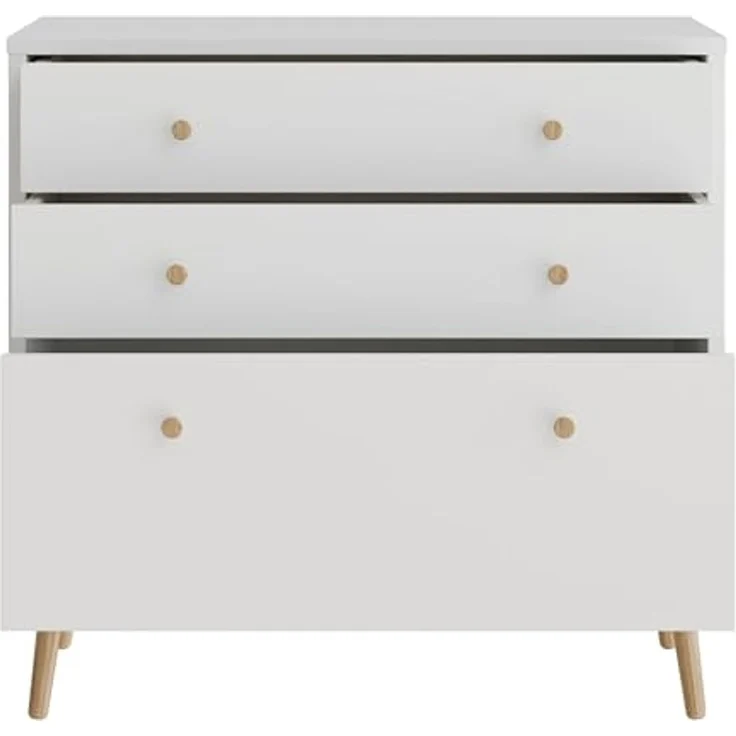 Forte HARLLSON Sideboard 90, Mid-Century-Modern Stil, leichte Montage Dank EasyKlix by Forte, 3 Schubladen, hohe Füße, Holzwerkstoff, Weiß, 89,8 cm breit x 86,5 cm hoch x 41,5 cm tief – Bild 4