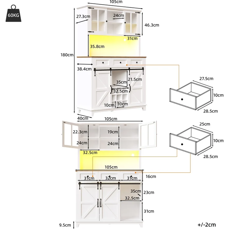 Hochschrank Küchenbuffet weiß mit LED-Beleuchtung & Musik-Sync, 105x38,4x180 cm – Bild 10
