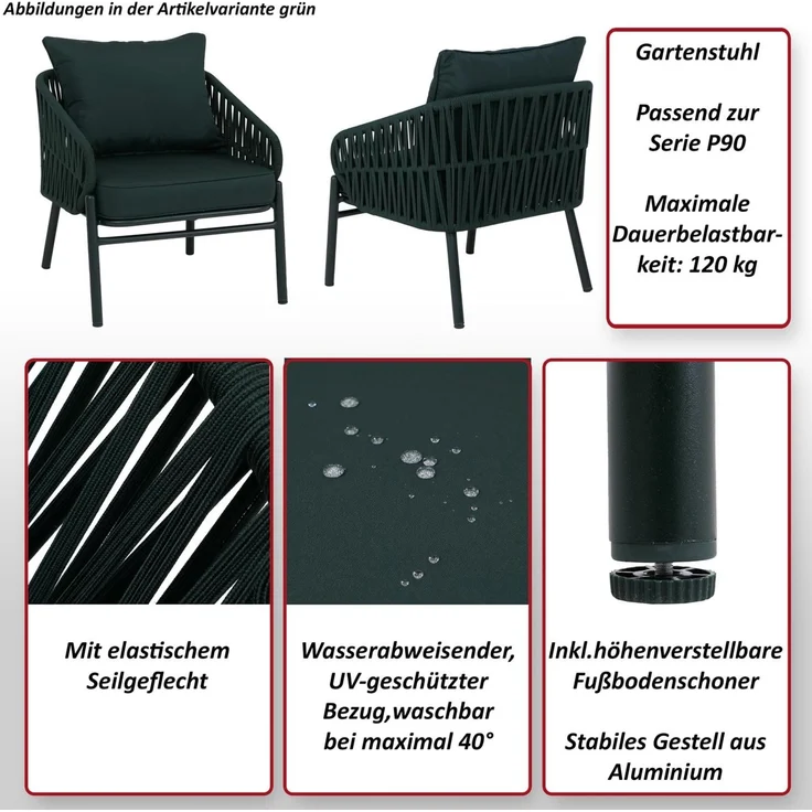 Aluminium-Gartenstuhl HWC-P90, Loungestuhl Sessel Outdoor, Seilgeflecht Rope Stoff/Textil (180g/m²) ~ grün – Bild 2
