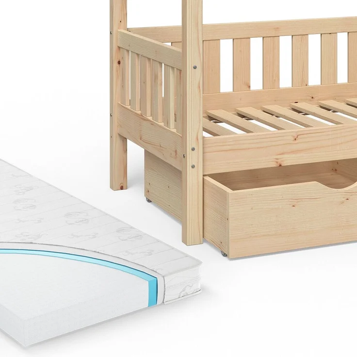 Hausbett Design Naturholz 80x160 cm mit 2 Schubladen und Matratze Vitalispa – Bild 6