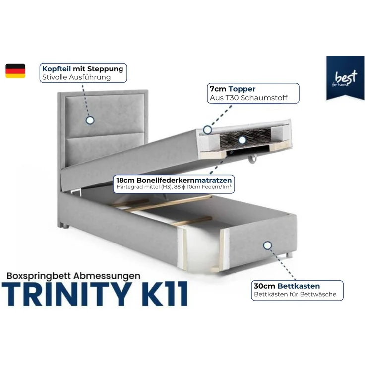 Best for Home Boxspringbett mit Bettkasten Trinity K-11 SINGLE Bonellfederkern inkl. 7 cm Topper (70x200 80x200 90x200 100x200 cm), verschiedene Liefermöglichkeiten, TOP Preis-Leistungs-Verhältnis – Bild 5