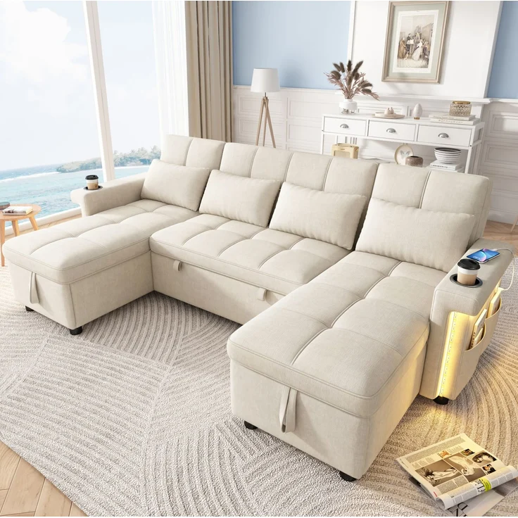 U-förmiges Ecksofa, Chenille mit Schlaffunktion und Stauraum, 268,5 x 141,5 x 90 cm, Beige – Bild 3