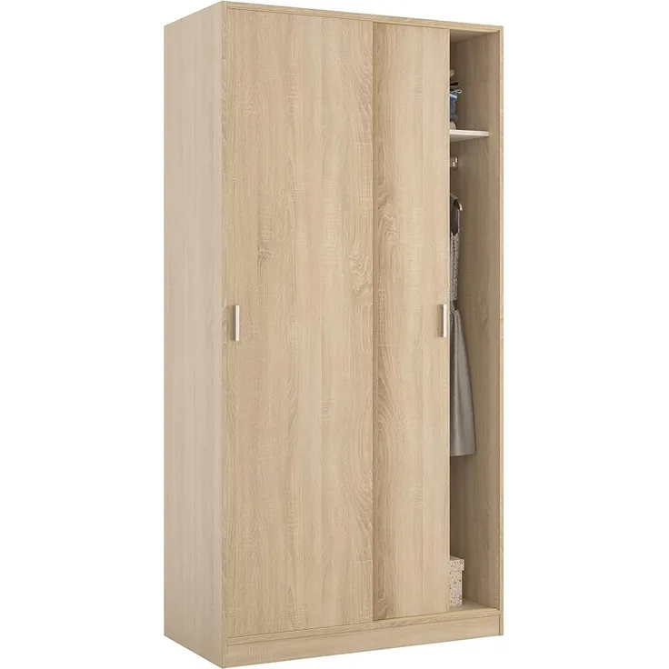 Kleiderschrank mit zwei Schiebetüren mit Kleiderstange und einem Innenregal, Eichenfarbe, Maße 100 x 200 x 50 cm