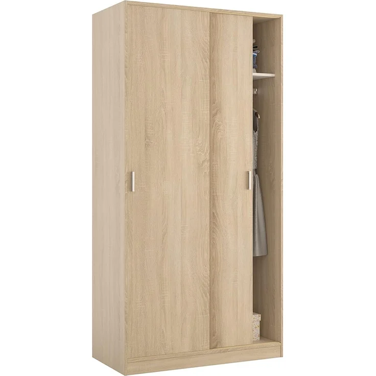 Kleiderschrank mit zwei Schiebetüren mit Kleiderstange und einem Innenregal, Eichenfarbe, Maße 100 x 200 x 50 cm