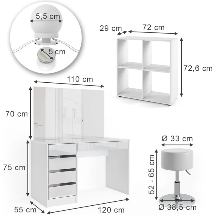 Schminktisch Sherry Weiß 120 cm 4 Teile, mit Standregal, Spiegel, Hocker, LED Vicco – Bild 3