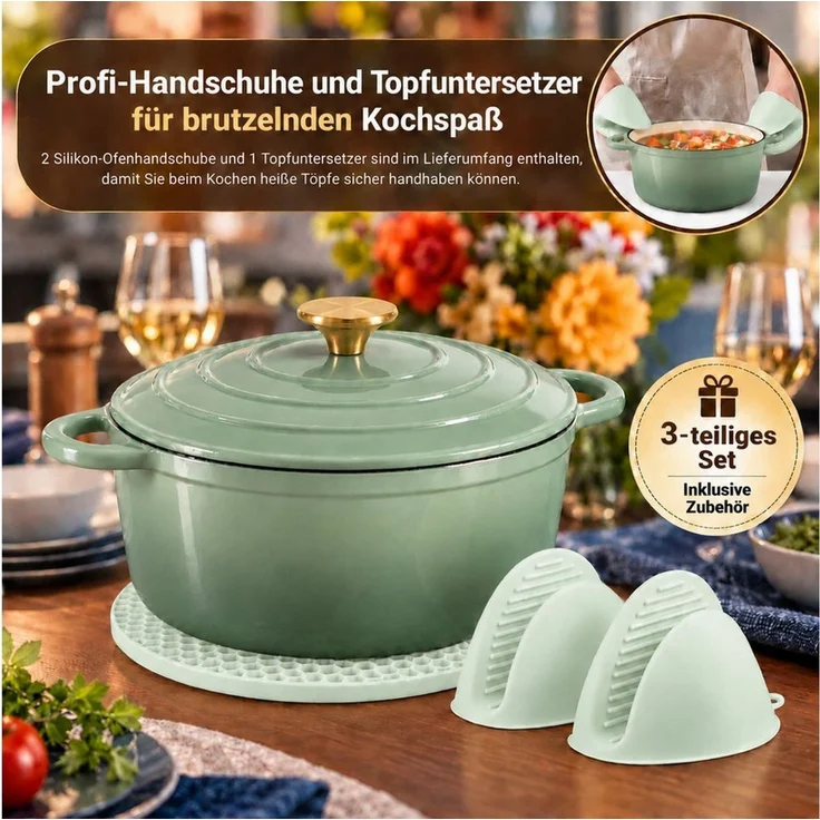 Zedelmaier Bräter Gusseisen Topf 22/24/26/28cm Incl. Silikon Topflappen Topfuntersetzer, (Set, 1 Pot mit 1 lid, 2 Ofenhandschuhe, 1 Topfuntersetzer), Backofengeeignet Induktionsgeeignet Zum Braten, Schmoren, Kochen – Bild 4