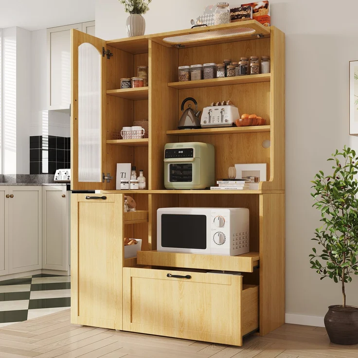 EINHOM Highboard mit verstellbaren Regalböden und Schubladen, Küchenschrank mit ausziehbaren Regalböden und Riffelglas, Ideal für Esszimmer, Wohnzimmer und Küche (Natur) – Bild 3