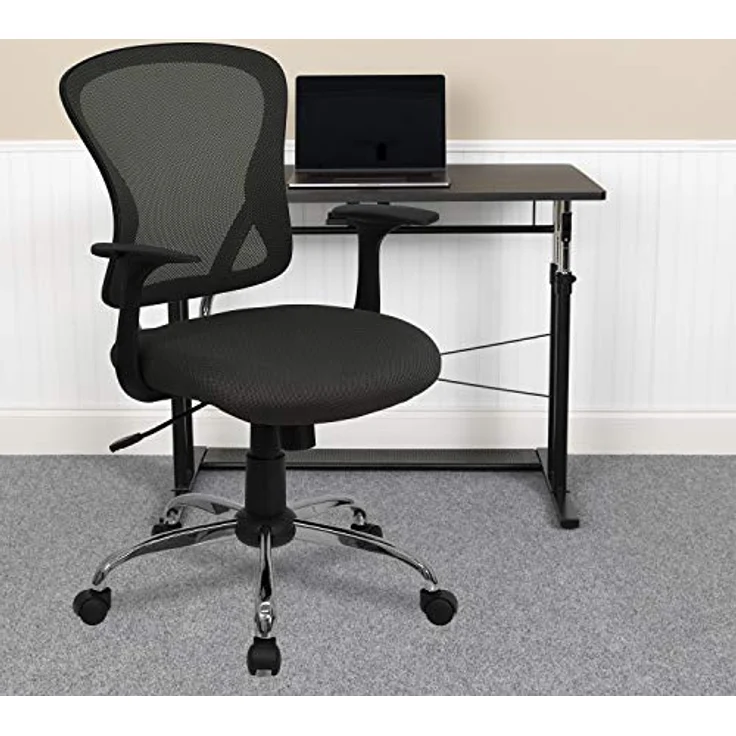 Flash Furniture Arbeitsstuhl, mittelhohe Rückenlehne, Netzmaterial, drehbar, mit Chrombasis und Armlehnen, Metall, dunkelgrau, 74 x 61 x 28 cm – Bild 3
