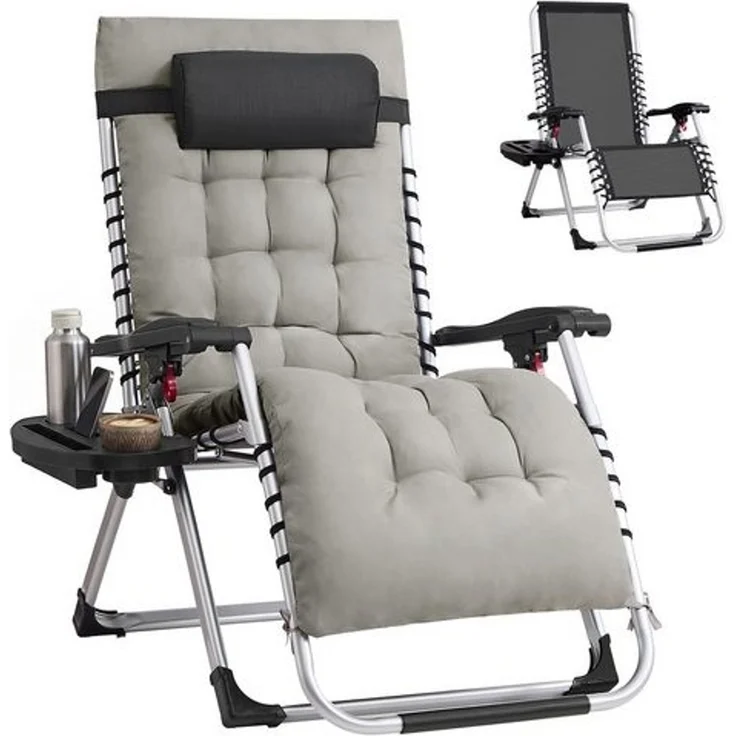 SONGMICS Klappbare Relaxliege mit Stahlrahmen, abnehmbarem Kissen, Liegestuhl für Garten und Balkon, Tasche, Tablett, hellgrau – Bild 1