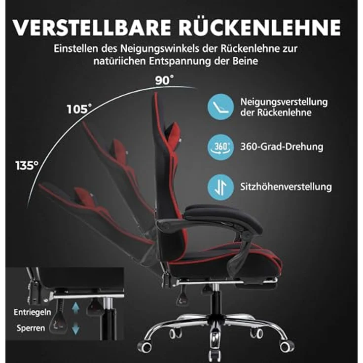 GTPLAYER Gaming Stuhl, Bürostuhl, Ergonomischer Pc Stuhl, Gaming Sessel mit Massagelendenwirbelstütze, Task Stühle mit Fußstütze und Kopfstütze, Rot Stoff – Bild 5