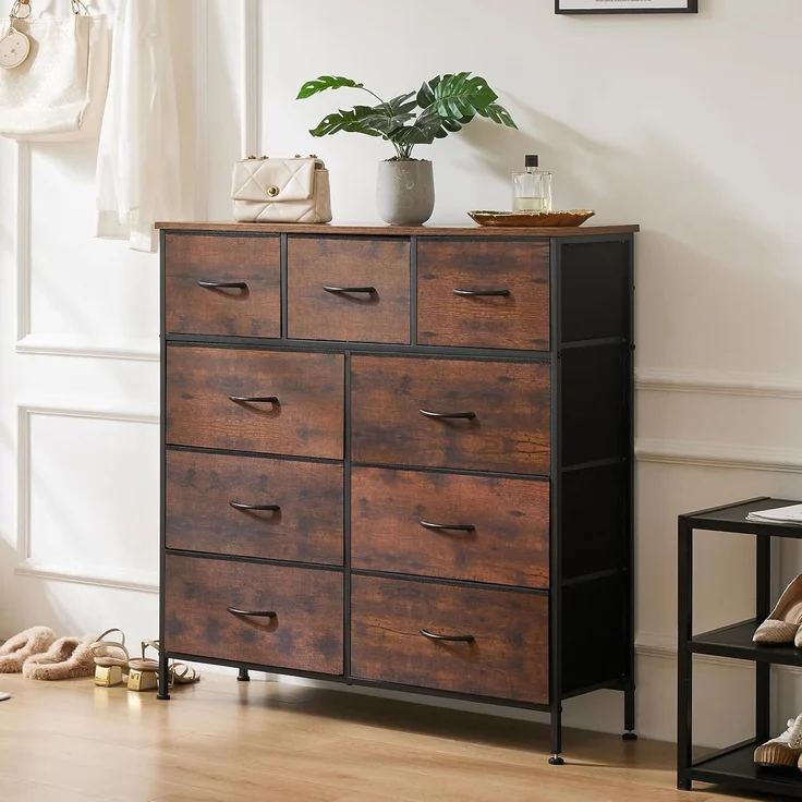 Sweetcrispy Kommode,Sideboard Wohnzimmer für Schlafzimmer mit 9 Stoffschubladen,Einstellbare Füße Schubladenschrank,Komodenschrank für Schlafzimmer,Modernes Braun – Bild 2