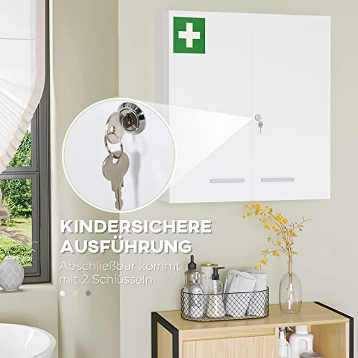 Kleankin Medizinschrank 2-türiger Medikamentenschrank mit 6 Einlegeböden (Arzneischrank, 1-St, Apothekerschrank) Stahl, Weiß, 55 x 18 x 60 cm – Bild 5