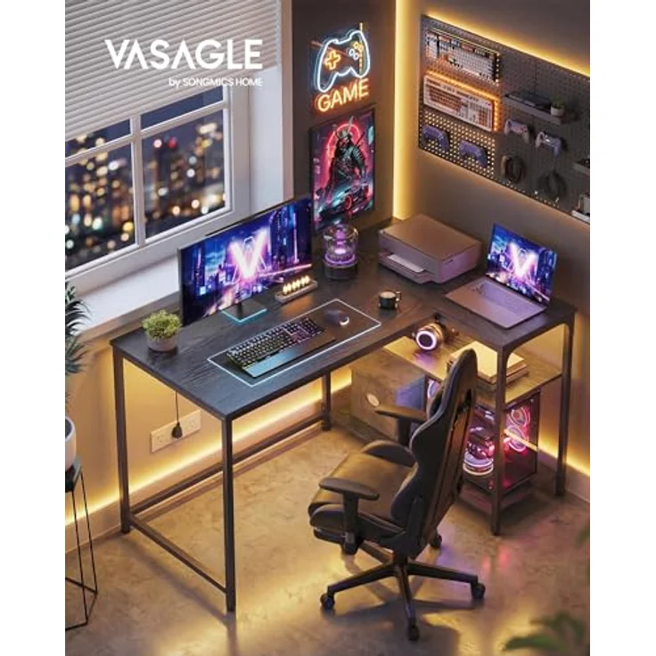 VASAGLE Eckschreibtisch in L-Form, Computertisch mit Stauraum, Bürotisch, höhenverstellbare Ablage, für Homeoffice, 110 x 80 cm, ebenholzschwarz LWD135BE01 – Bild 4