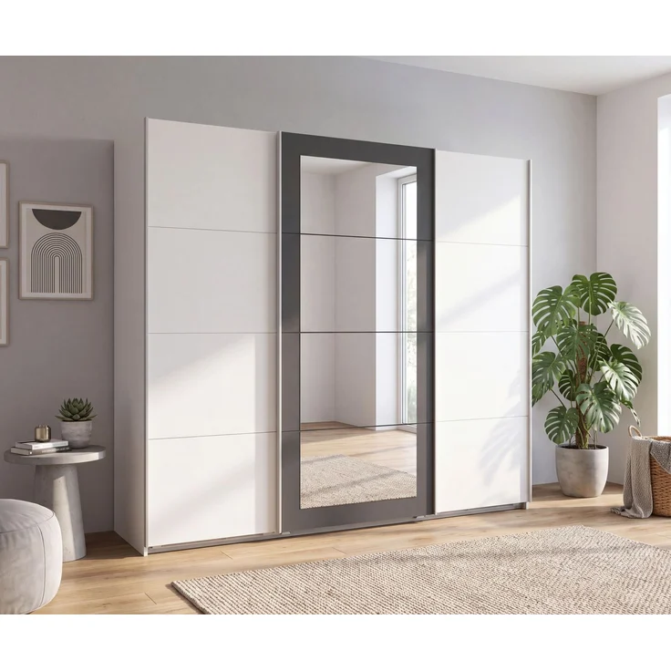 Schwebetürenschrank 3-trg Kleiderschrank 225 cm in Weiß Spiegel umrahmt in Grafit – Bild 3
