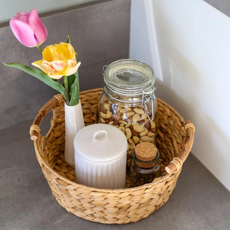 HMF Aufbewahrungskorb Präsentkorb, runder Aufbewahrungskorb mit Holzgriffen, geflochten aus, natürlicher Wasserhyazinthe, 30 x 12 cm – Bild 7