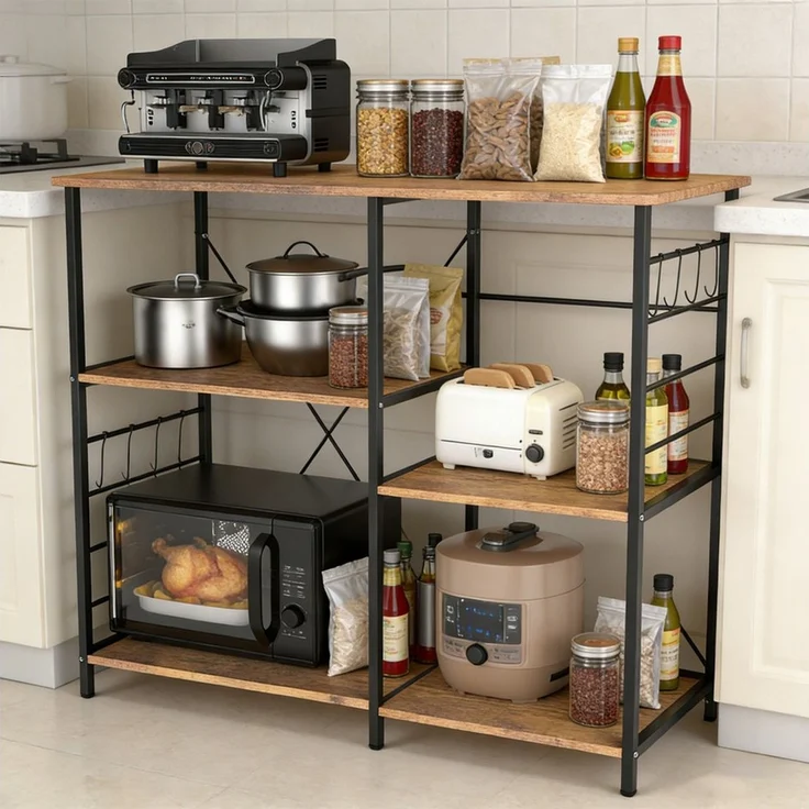 JEOBEST Standregal Küchenregal mit 8 Haken, Regal, Kücheninsel, 1-tlg, Mikrowellenregal, 8 Haken, 3 Regalebenen, Stahlrahmen – Bild 2