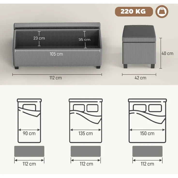 Aufbewahrungsbank aus Cord mit Deckel, für Wohnzimmer, Schlafzimmer, Flur, 112 x 42 x 40 cm, grau – Bild 5