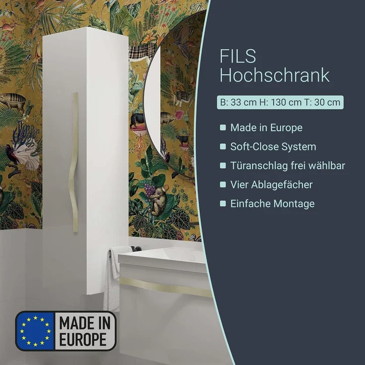 BADEDU FILS Hochschrank 33 cm breit, Weiß, Griff Silber – Bild 3