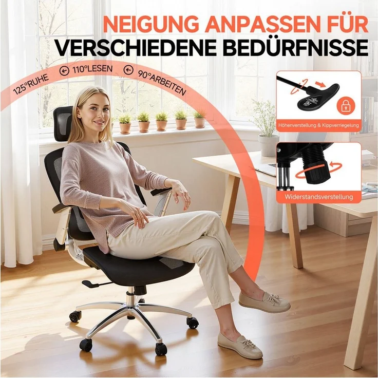 COMHOMA Bürostuhl, ergonomischer schreibtischstuhl mit Mesh, 2D-Kopfstütze, 4D-Armlehnen, Hohe Rückenlehne mit Wipp- & Feststell (90-125°), extra breite Sitzfläche, Belastbarkeit 180 kg, Schwarz – Bild 4