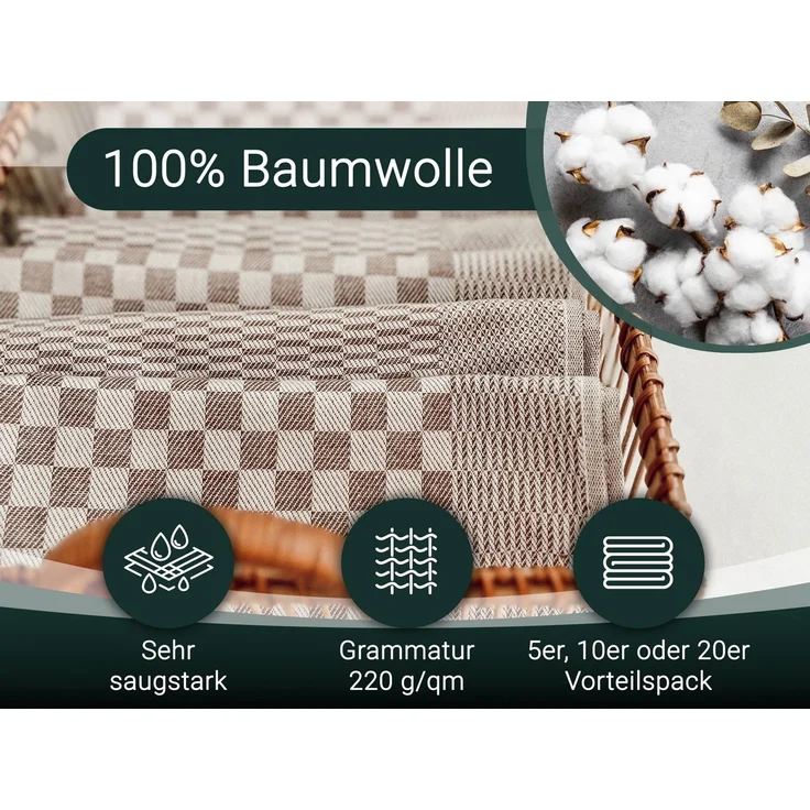 ZOLLNER 5er Set Geschirrtücher Baumwolle in 46x70 cm - super saugstarke und robuste Küchentücher – waschbar bis 60°C – in braun kariert - Gastronomiequalität - Oeko Tex® Zertifiziert