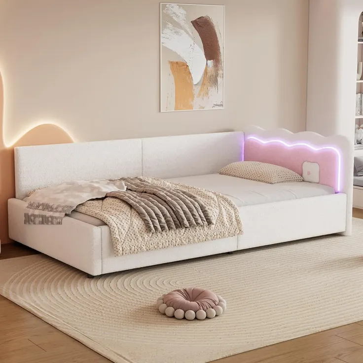Schlafsofa mit LED-Beleuchtung und Lattenrost, 90x200 cm, Polsterbett, Einzelbett, Jugendbett, Vlies – Bild 3